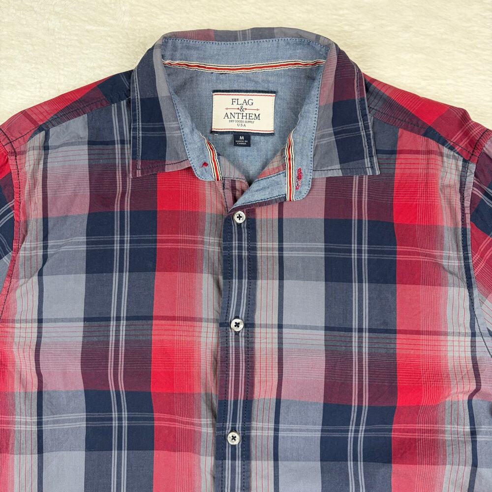 Flag & Anthem Men’s Medium Plaid Button Down Shirt Red Navy Long Sleeve Cotton